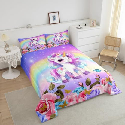 Cute Unicorn Kids Comforter Set King Size,Rainbow Starry Sky Roses Dreamy Bedding Set,Girls Women Room Decor,Cartoon Animals Flowers Down Comforter,Pink Purple Unique Duvet Insert,2 Pillowcases