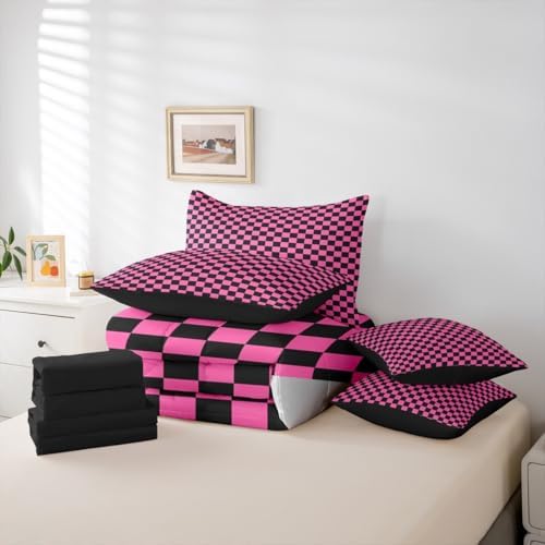 jejeloiu Pink Black Comforter Set with Sheets 7 Piece Queen Size