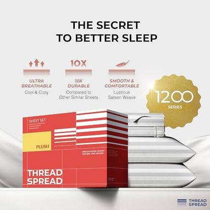 THREAD SPREAD Egyptian Cotton Sheets King Size - 1200 Series Plush Collection Damask Sheet Set Egyptian Cotton (4 PC, White Stripe), Luxury Sheet King Size, Soft, Cooling Deep Pocket Sheets