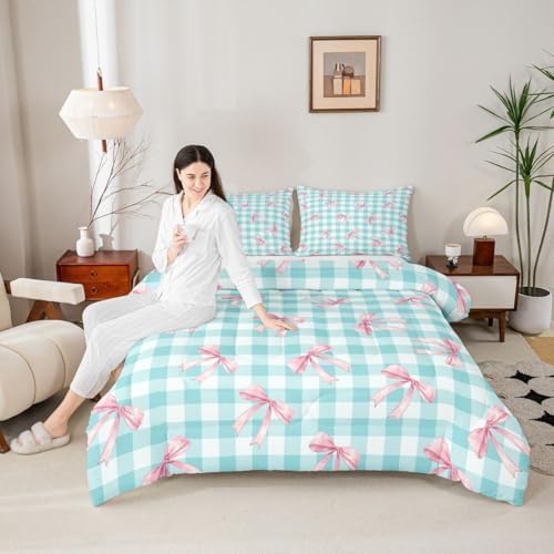 jejeloiu Blue Bowknot Comforter Set Toddler Size Checkerboard Bedding Set for Kids Boys Girls Pink Bow Duvet Quilt Plaid Bedroom Decor Microfiber 2 Pcs with 1 Pillow Cases