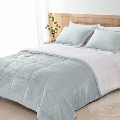 Sherpa Comforter Set Full Queen Size, Light Grey Bedding Set with Shams