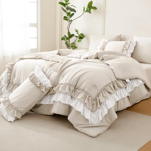 Masaca Ruffled Comforter Set Queen,Farmhouse Shabby Boho Chic Bedding Wheat and White Ruffle Comforter Vintage Rustic French Country Elegant Bedding Set 3PCS