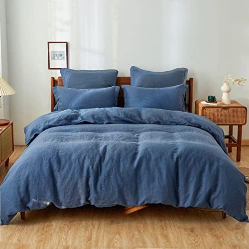 Simple&Opulence 100% Linen Duvet Cover Set 3pcs Basic Style Natural French Washed Flax Solid Color Soft Breathable Farmhouse Bedding with Button Closure - Classic Blue, Queen