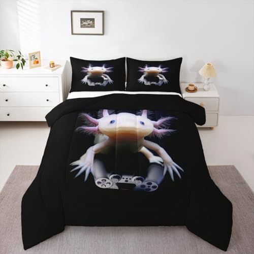 Castle Fairy Cute Axolotl Play Gamer Bed Comforter Set Queen Size,Axolotl Super Soft Microfiber Bedding Set for Girls Boys,Mexican Animal Decorative Quilter Set