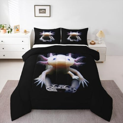 Castle Fairy Cute Axolotl Play Gamer Bed Comforter Set Queen Size,Axolotl Super Soft Microfiber Bedding Set for Girls Boys,Mexican Animal Decorative Quilter Set