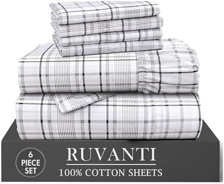 RUVANTI 100% Cotton Percale King Sheets, King Size Sheets Set, Open Check
