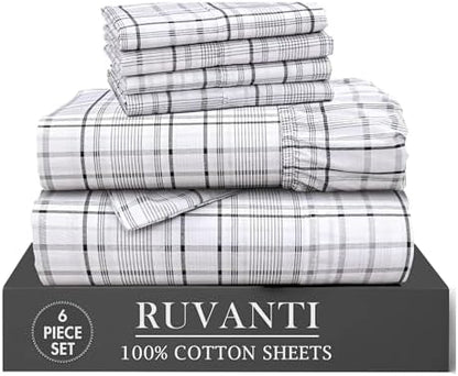 RUVANTI 100% Cotton Percale King Sheets, King Size Sheets Set, Open Check