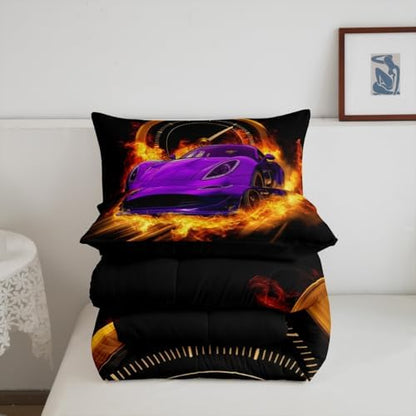 Erosebridal Purple Race Car Twin Comforter Set for Boys Girls,Kids Sports Car Bedding Set Race Car Decor for Toddler Boys Room,Cool Cars Comforter Set Breathable Racing Car Quilt Bed Set 2Pcs