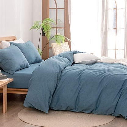 BESTOUCH Cotton Solid Duvet Cover Set Linen Feel Dark Blue Queen