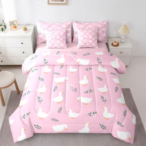 Erosebridal Cute Silly Goose Twin Bedding Set Girls Cartoon Ducks 7 Pieces Comforter Set with Sheets for Kids Teens Funny Animals Bed in a Bag Pink Farmhouse Floral Bed Sets