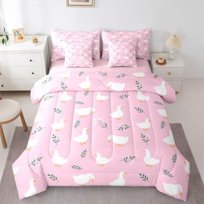 Erosebridal Cute Silly Goose Queen Bedding Set Girls Cartoon Ducks Comforter Set with Flat and Fitted Sheet for Kids Teens Funny Animals 7-Piece Bed in a Bag Pink Farmhouse Floral Quilt Sets
