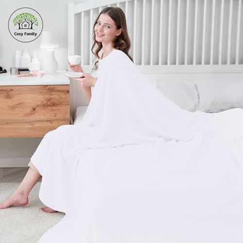 Cosy Family 6 Layer Muslin Bed Blanket - Breathable and Lightweight Gauze Boho Blanket for Spring, Soft 100% Cotton Muslin, White, 80x90 Inches