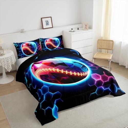 Erosebridal Baseball Bedding Sets King - 3D Glitter Ball Pattern Comforter Set for Kids Adults Colorful Neon Honeycomb Duvet Insert Geometric Hexagon Quilt