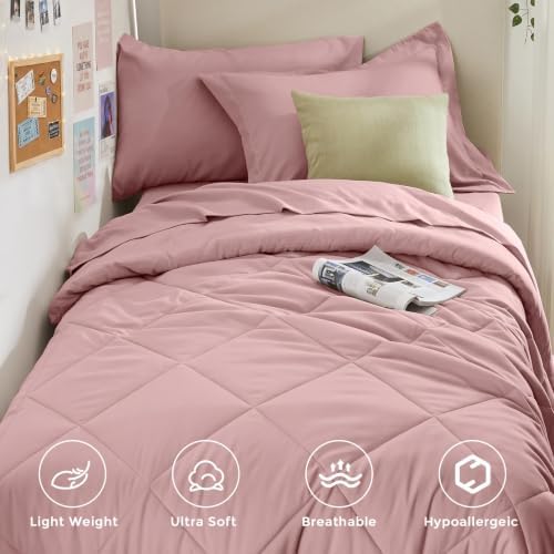 HEVUMYI 5-Piece Twin Comforter Set, Dusty Pink Bed in a Bag