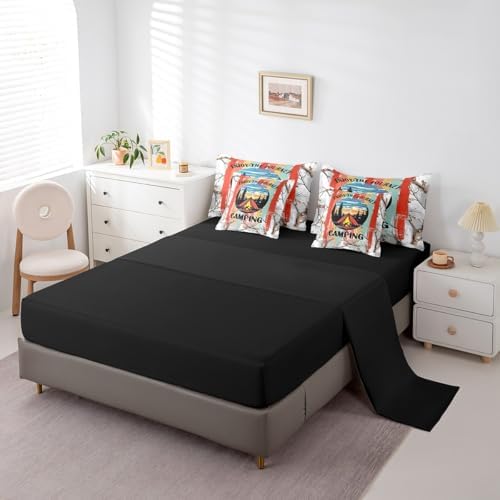 Erosebridal 7 Piece RV Bunk Bed Comforter Set King for Camper,Happy Camping Bedding Set with Sheets for Kids Adults,Travel Trailer Decor Rustic Cabin Country Bed in a Bag with Fitted+Flat Sheet