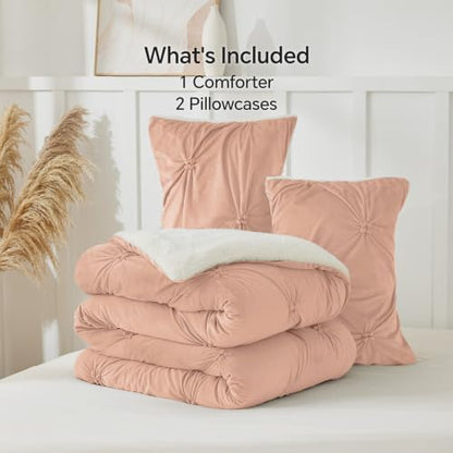 BEDELITE Fluffy Sherpa Queen Comforter Set,Pintuck-Dusty Pink