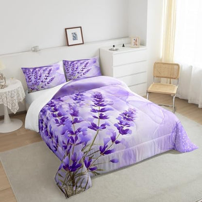 Manfei Lavender Comforter Set King Size, Purple Flower Bedding Set 3pcs for Kids Girls Teens Room Decor, Botanical Floral Print Quilt Set with 2 Pillowcases