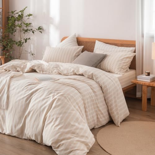 BESTOUCH Striped Cotton Duvet Cover Set Linen Feel Super King Plus