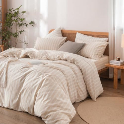 BESTOUCH Striped Cotton Duvet Cover Set Linen Feel Super King Plus