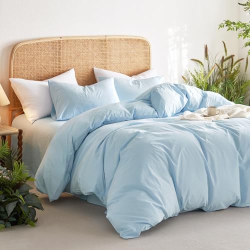 Wake In Cloud - Cotton Duvet Cover Set, 100% Washed Cotton, Linen Like Textured, Breathable Durable Comfy Farmhouse Neutral Bedding Set, 3 Pieces, Sky Blue, Twin/Twin XL Size