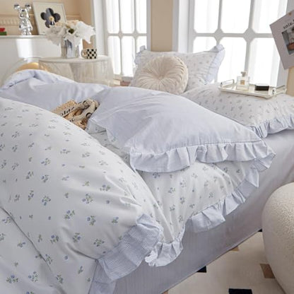 VM VOUGEMARKET Blue Ruffle Duvet Cover Twin 100% Cotton Teen Girls Floral Duvet Cover with Zipper Closure Reversible Romantic Princess Comfroter Cover with 2 Pillow Shams