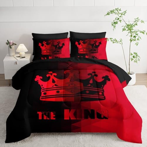 7Pcs Crown Comforter Set Black Red Gradient Art Printed Bedding Set with 1 Comforter, 1 Flat Sheet, 1 Fitted Sheet and 4 Pillowcases for Boys and Girls Bedroom All Season(Crown Twin