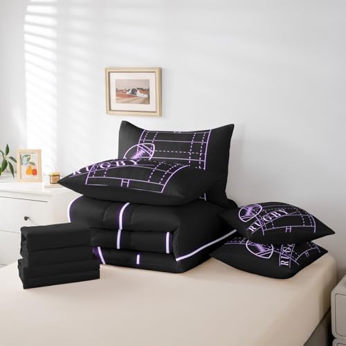 Teens Football Queen Comforter Set 7 Pieces for Boys Sports Bedding Comforter Sets, Black Purple Soccer Field Bed in a Bag Ball Gaming Bedding Set, Sport Gamer Bed Sheets Set (Black Reversible)