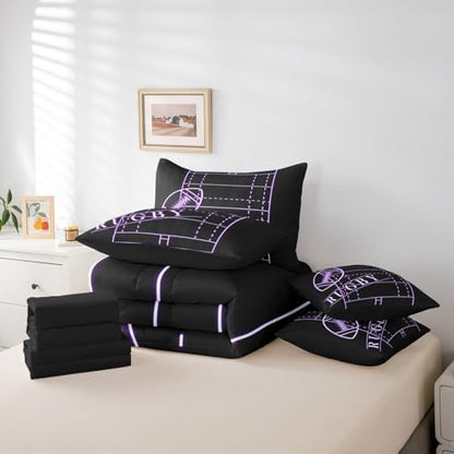 Teens Football Queen Comforter Set 7 Pieces for Boys Sports Bedding Comforter Sets, Black Purple Soccer Field Bed in a Bag Ball Gaming Bedding Set, Sport Gamer Bed Sheets Set (Black Reversible)