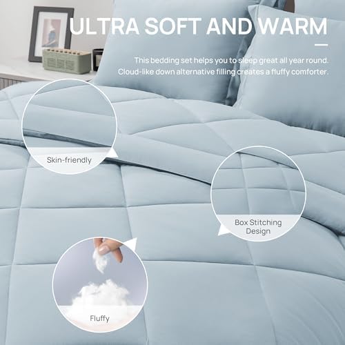 Love's cabin King Size Comforter Set Light Blue, 7 Pieces King Bed in a Bag, All Season Bedding Sets with 1 Comforter, 1 Flat Sheet, 1 Fitted Sheet, 2 Pillowcase and 2 Pillow Sham