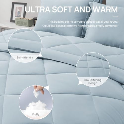 Love's cabin California King Comforter Set Light Blue, 7 Pieces California King Bed in a Bag, All Season Bedding Sets with 1 Comforter, 1 Flat Sheet, 1 Fitted Sheet, 2 Pillowcase and 2 Pillow Sham