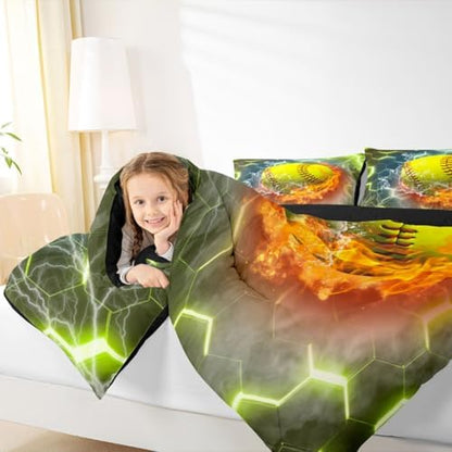 Erosebridal Softball Bedding Set Softball Gifts for Girls, Neon Honeycomb Comforter Set Queen Size, Geometric Hexagon Gradient Quilt Sports Games Ice and Fire Duvet Insert for Boys Teens, Yellow