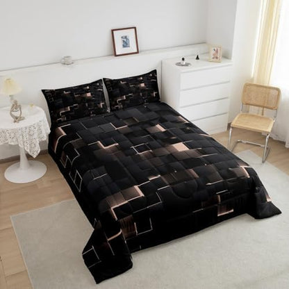 Erosebridal Black and Pink Bedding Set Full Neon Geometric Checkered Comforter Set for Kids Girls Teen,Tereoscopic Grids Comforter Square Plaid Quilt Duvet Room Decor 3 Pcs