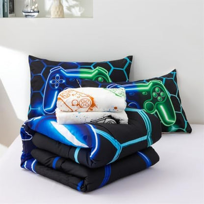 NTBED Twin Gaming Comforter Set for Boys Girls Kids 3D Game Bed in A Bag Lightweight Gamer Bedding Sets Blue Green
