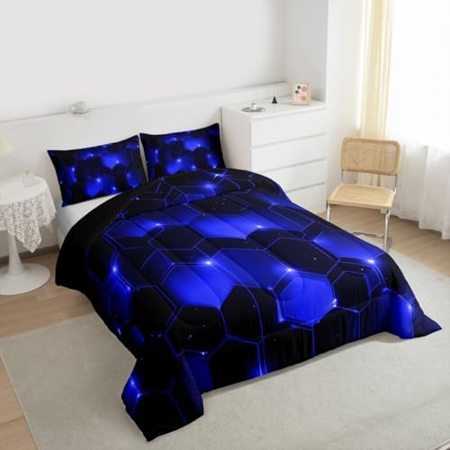 Feelyou Blue Black Geometrics Comforter Set King - Kids Boys Girls Beehive Hexagon Bedding Set - Geometric Honeycomb Duvet Set - Durable Quilt Set King Size