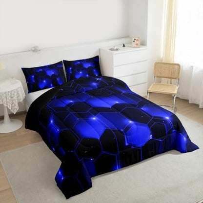 Feelyou Blue Black Honeycomb Comforter Set Twin, Honeycomb Comforter for Kids Boys Girls Beehive Hexagon Bedding Set Geometric Duvet Durable Quilt Twin Size