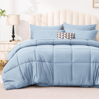 Love's cabin Plaid King Comforter Set, Light Blue