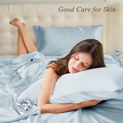 Vielit King Satin Pillowcase for Hair 2pc,Similar to Silk Pillow Cases, for Women Men,Sky Blue,20x36 & Envelope Closure and 2 Satin Scrunchies