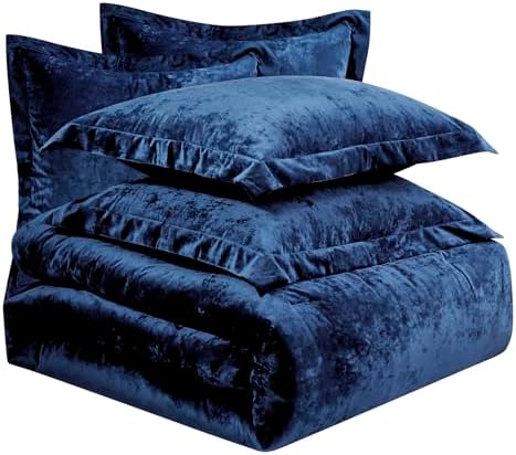 Fredsure Distressed Velvet Comforter Set, 5 Pieces Navy King, Distressed Velvet Face and Brushed Microfiber Reverse