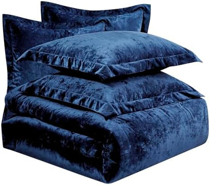 Fredsure Distressed Velvet Comforter Set, 5 Pieces Navy King, Distressed Velvet Face and Brushed Microfiber Reverse