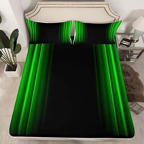 Feelyou Geometric Abstract Ombre Sheet Set Men Adults Teens Green and Black Striped Bed Sheets Kids Boys Girls Simple Modern Bed Set Bedroom Collection 4Pcs Queen Size