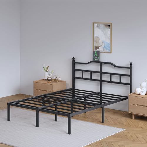 SHOANED 14 Inch Metal Bed Frame - Full Size Heavy Duty Bedframe with Charging Station & Headboard Basic Steel Slats Platform No Box Spring Needed/Easy Assembly/Noise Free