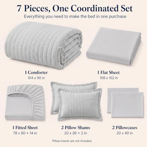CozyLux King Size Comforter Set 7 Pieces Light Grey Seersucker Bed in a Bag