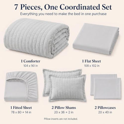 CozyLux King Size Comforter Set 7 Pieces Light Grey Seersucker Bed in a Bag