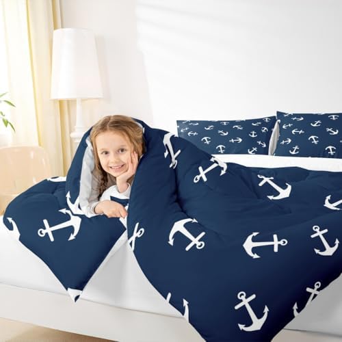 Manfei Anchor Comforter Set Twin Size, Nautical Theme Summer Ocean Anchor Bedding Set 2pcs for Kids Boys Teens Room Decor, Luxurious Navy Blue Down Comforter with 1 Pillowcase, No Sheets