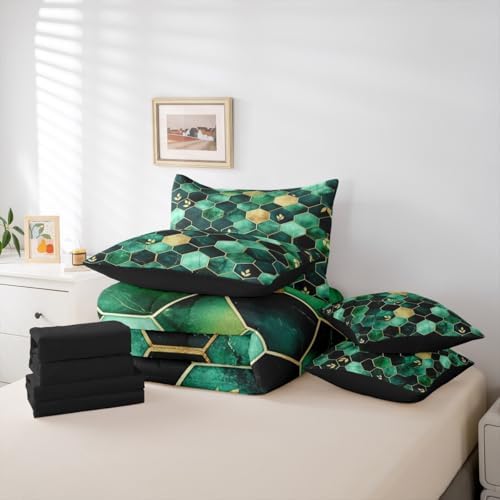 Erosebridal Honeycomb Bedding Set for Kids Teens,Gradient Mable Texture Comforter Set King Size,Geometric Hexagon (Comforter+Fitted+Flat Sheet+2 Pillowcases+2 Throw Pillow Covers) 7 Pieces Bed Set