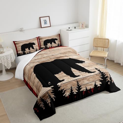 Castle Fairy Kids Bear Silhouette Queen Size Comforter Set,Wildlife Animal Trees Print Bedding Set with 2 Pillowcases,Red Black Plaid Retro Board Breathable Durable Polyester