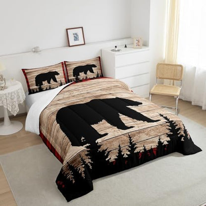 Castle Fairy Kids Bear Silhouette Queen Size Comforter Set,Wildlife Animal Trees Print Bedding Set with 2 Pillowcases,Red Black Plaid Retro Board Breathable Durable Polyester
