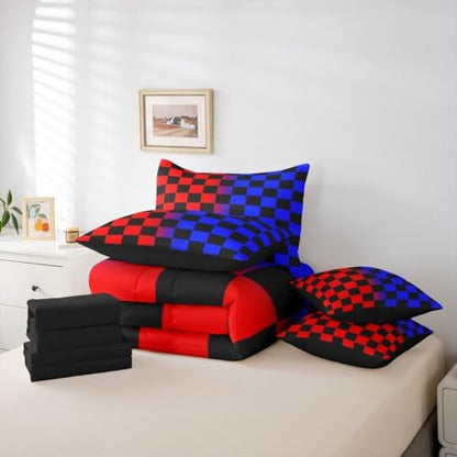 Checkered Comforter Set With Sheets 7 Piece Twin Size Red Blue Plaid Bed in a Bag Kids Boys Girls Cute Retro Neutral Checkerboard Geometric Bedding Set Vintage Aesthetic Bedroom Decor Breathable Soft