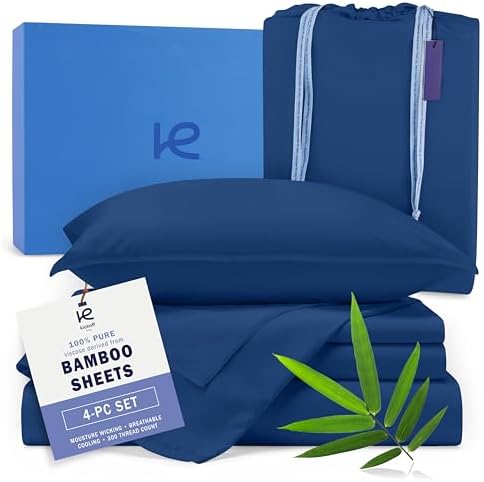 Kickoff Viscose Bamboo Sheets California King Size 4-pc 100% Organic Bamboo Viscose Bed Cooling Sheets Cal King Set Cool Bedding for hot Sleepers Sheet Set - Gift Ready Packaging (Dark Blue, CK)