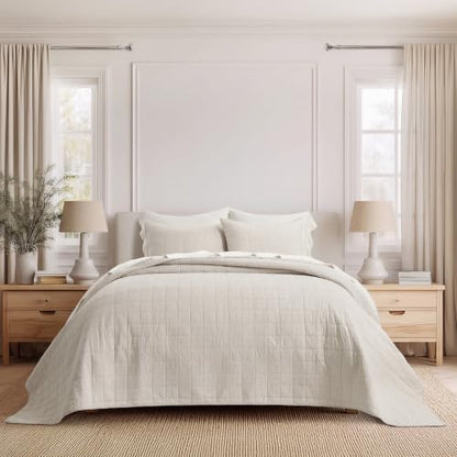 EVERGRACEHOME 100% Cotton Box Stitch Quilt Set, Oversized King, Birch